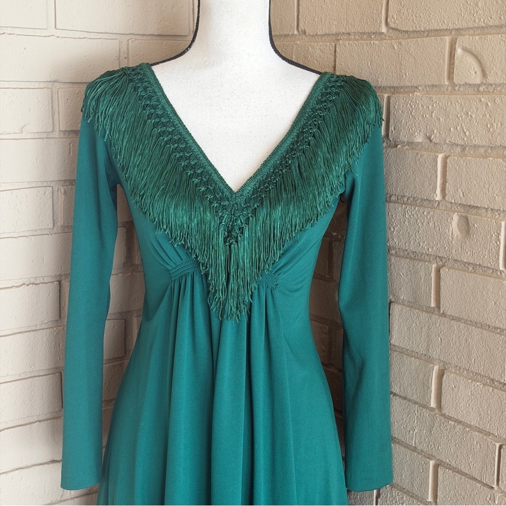 Vintage 70s Disco Soul Train Studio 54 Maxi Dress Green Fringe Cocktail Party 8 - Picture 2 of 8